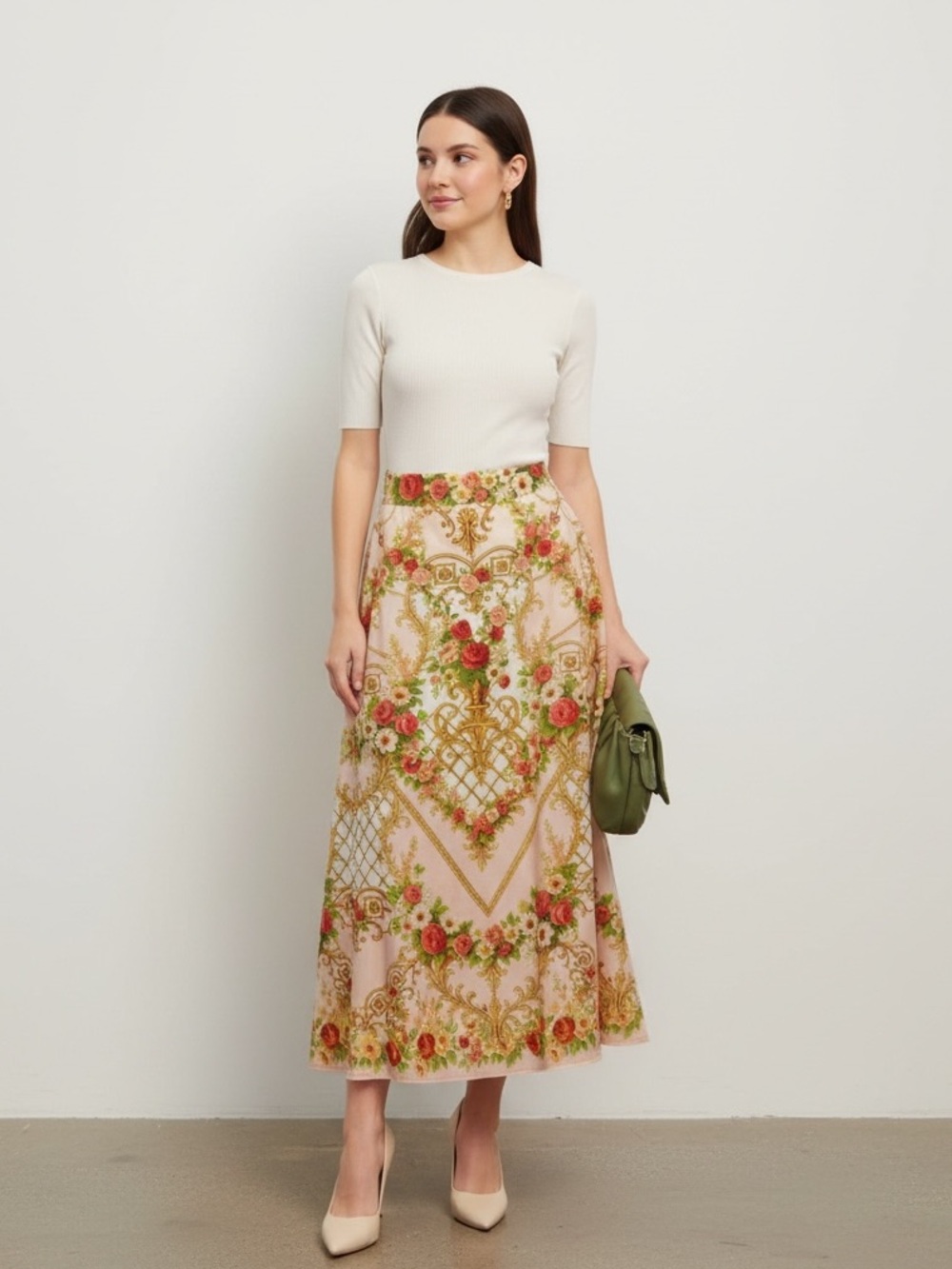 Floral Embroidered A-Line Maxi Skirt in Blush